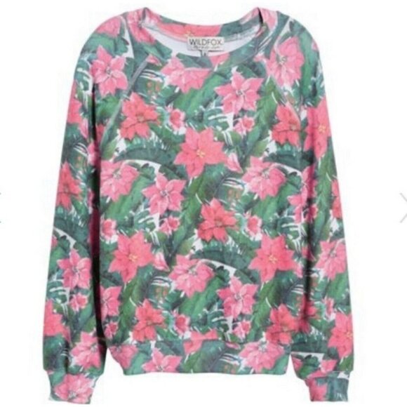 Wildfox Poinsettia Floral Christmas Sweater S Oversized Top Flower Muted NWT - Picture 3 of 6